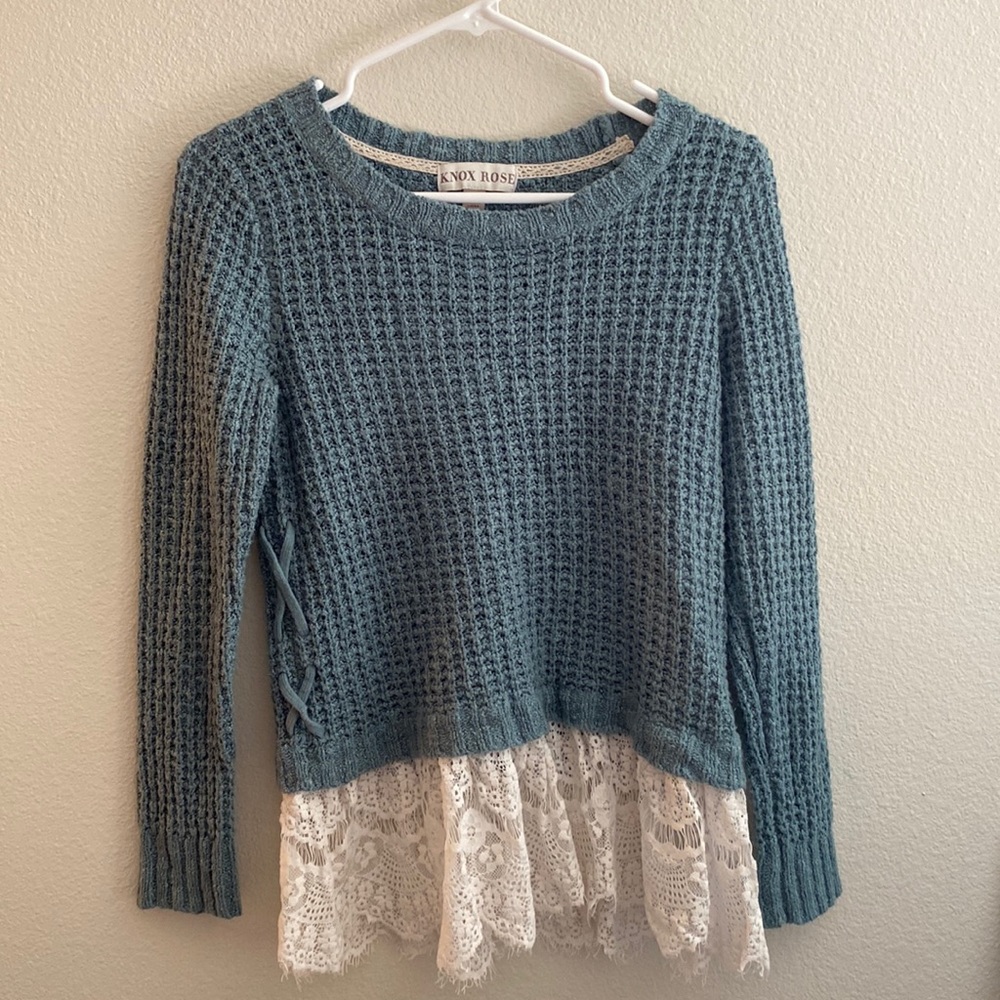 Teal Knox Rose Sweater with Lace Trim